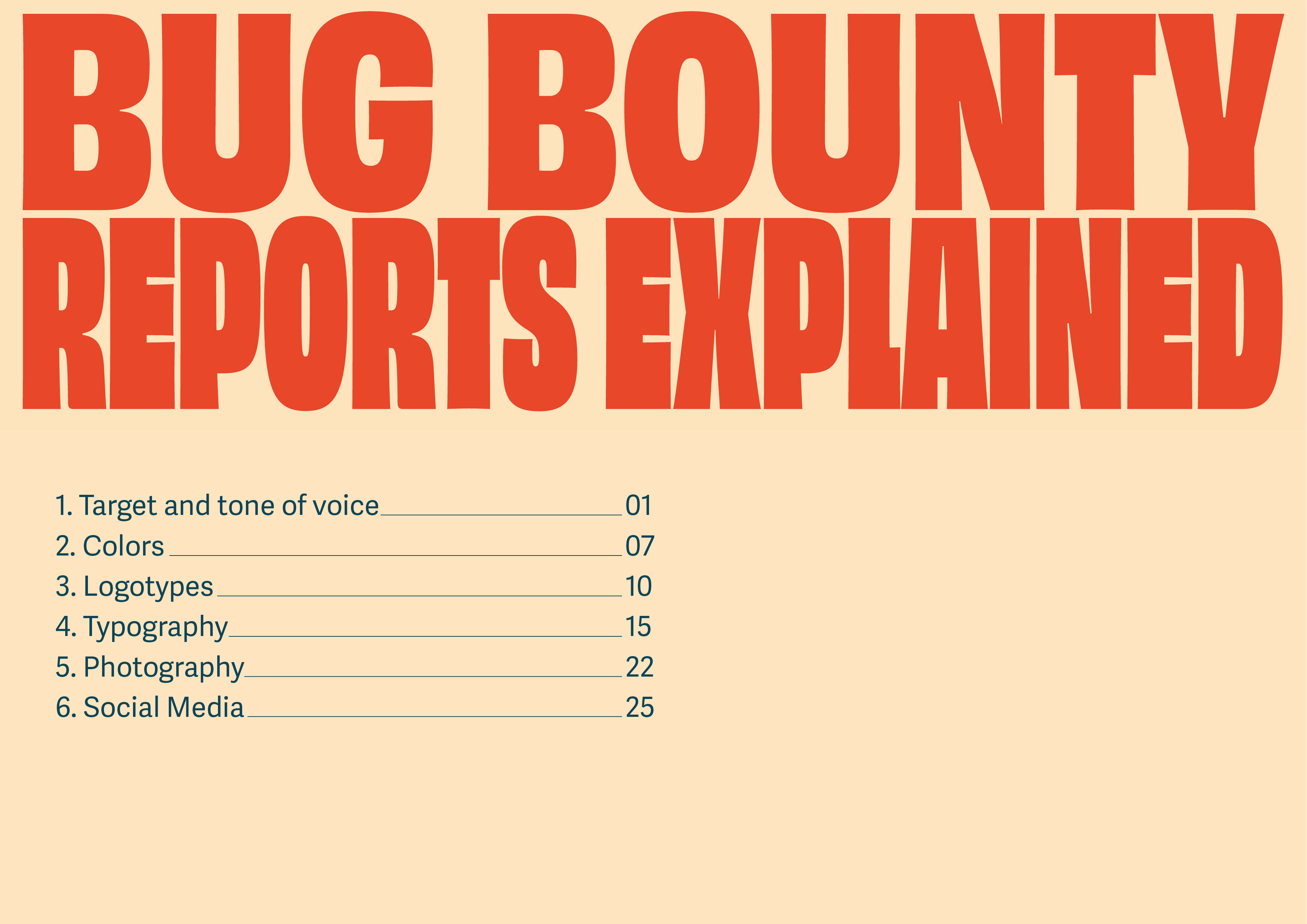 A page from the 'Bug Bounty Reports Explained' brandbook with table of contents 