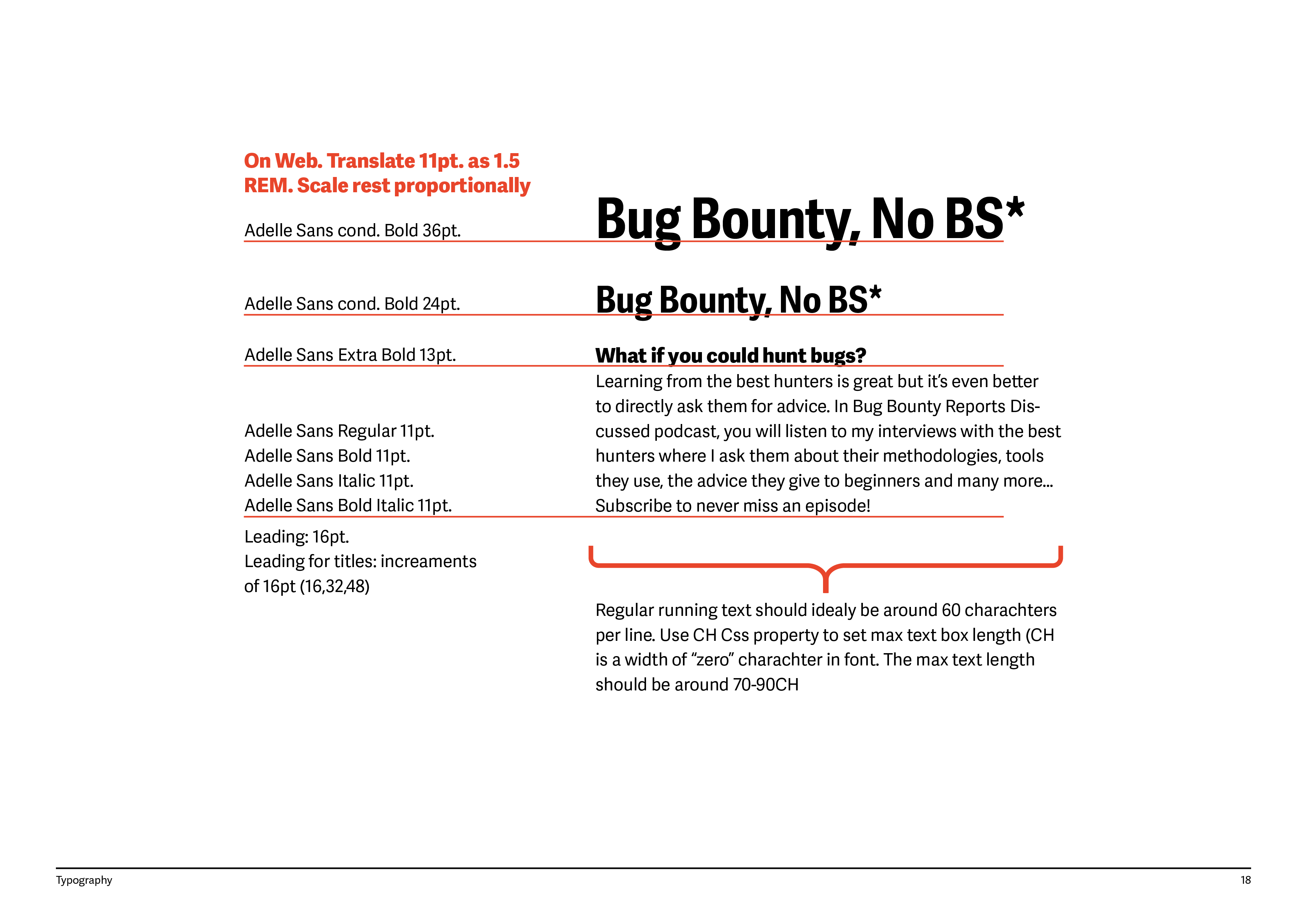 A page from the 'Bug Bounty Reports Explained' brandbook showcasing brand typography in color