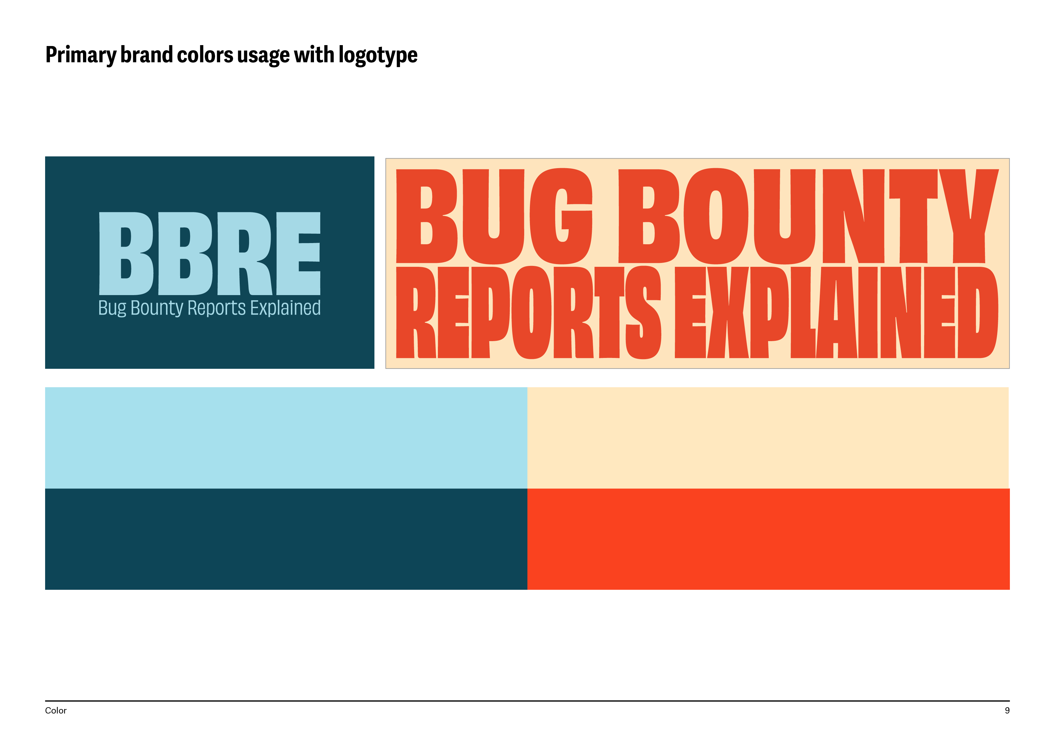 A page from the 'Bug Bounty Reports Explained' brandbook showcasing two versions of logotypes in brand colors