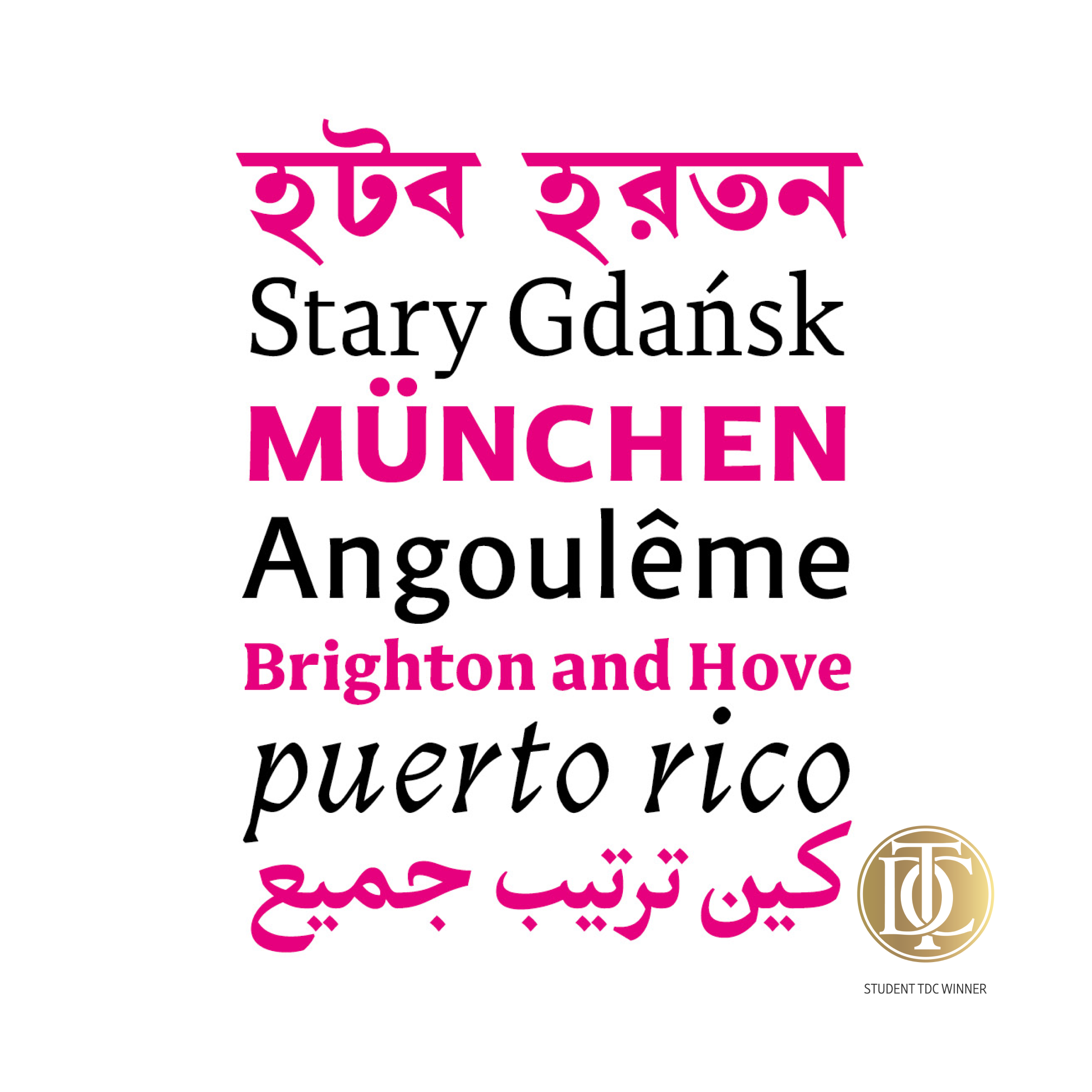 Image of the Esja typeface family showcasing various languages and cities with the text 'Stary Gdańsk, MÜNCHEN, Angoulême, Brighton and Hove, puerto rico' in different font styles and scripts.