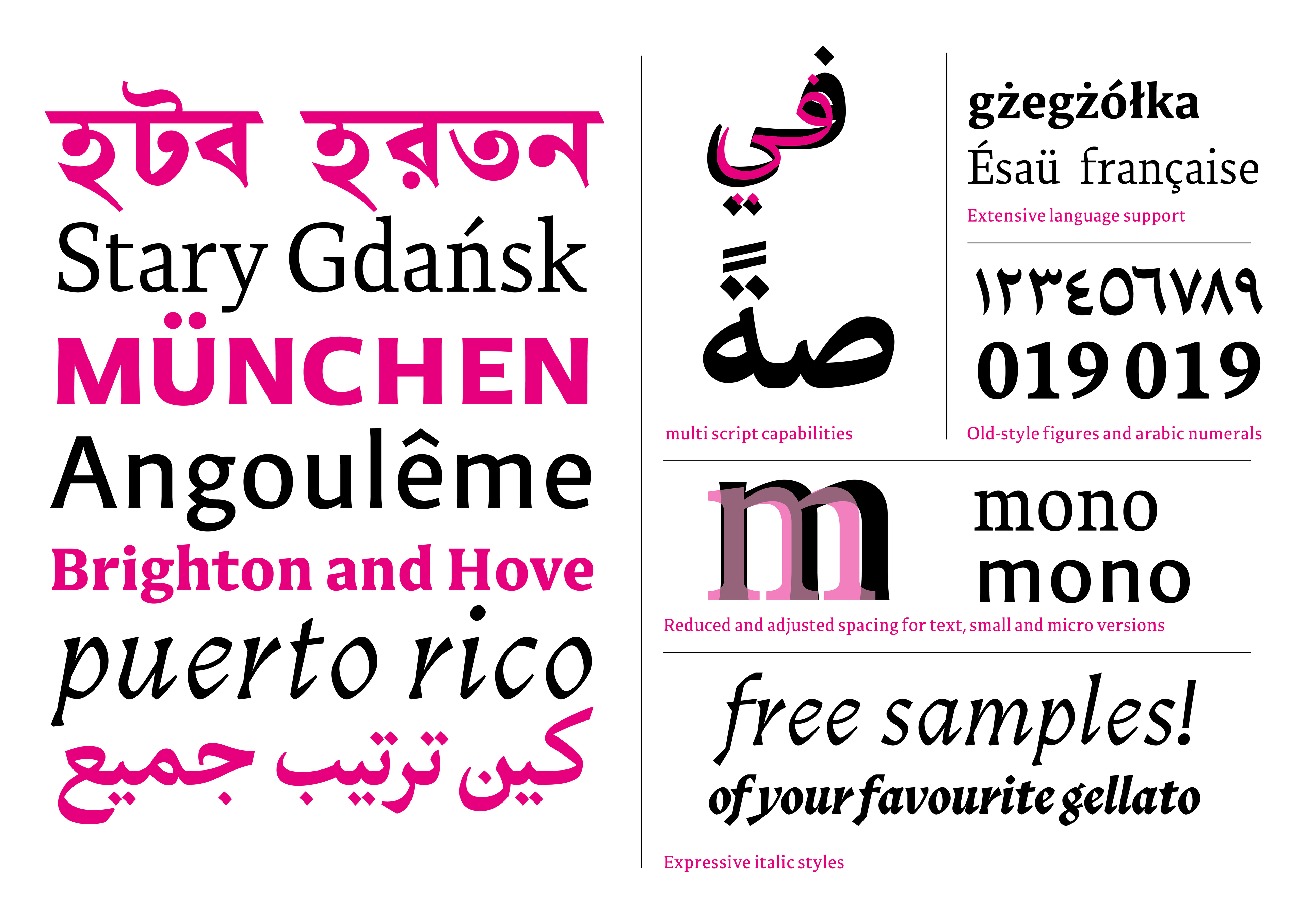 Image showing samples of the Esja typeface in different scripts: Bengali, Arabic, and Latin. Texts include 'Stary Gdańsk, MÜNCHEN, Angoulême, Brighton and Hove, puerto rico' and other sample texts in various languages and styles.