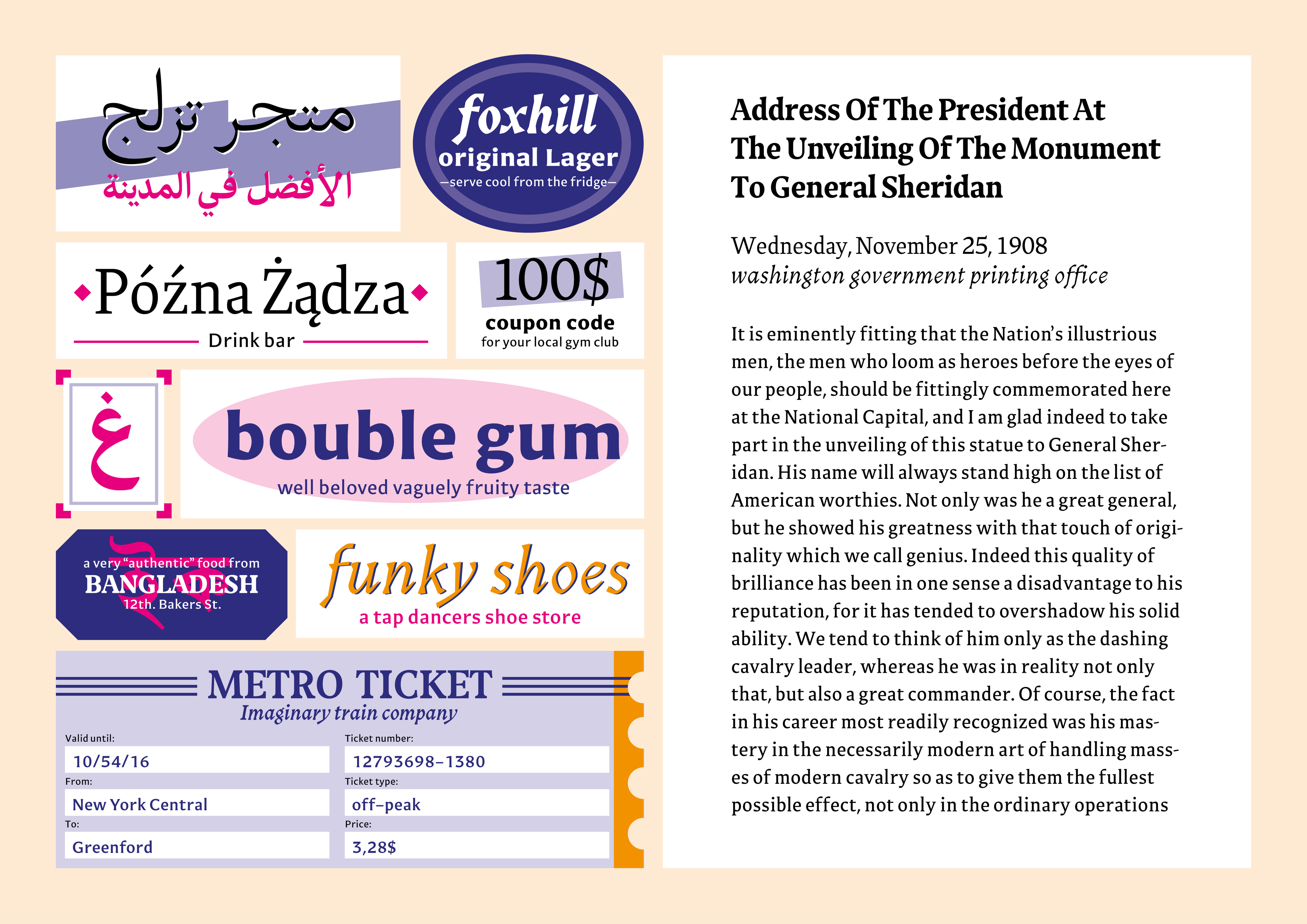 Image displaying the character set and styles of the Esja typeface, showing different languages, numerals, and symbols in various weights and italics. Includes phrases like 'foxhill original lager, 100$, double gum, funk shoes, METRO TICKET, free samples! of your favourite gelato.'