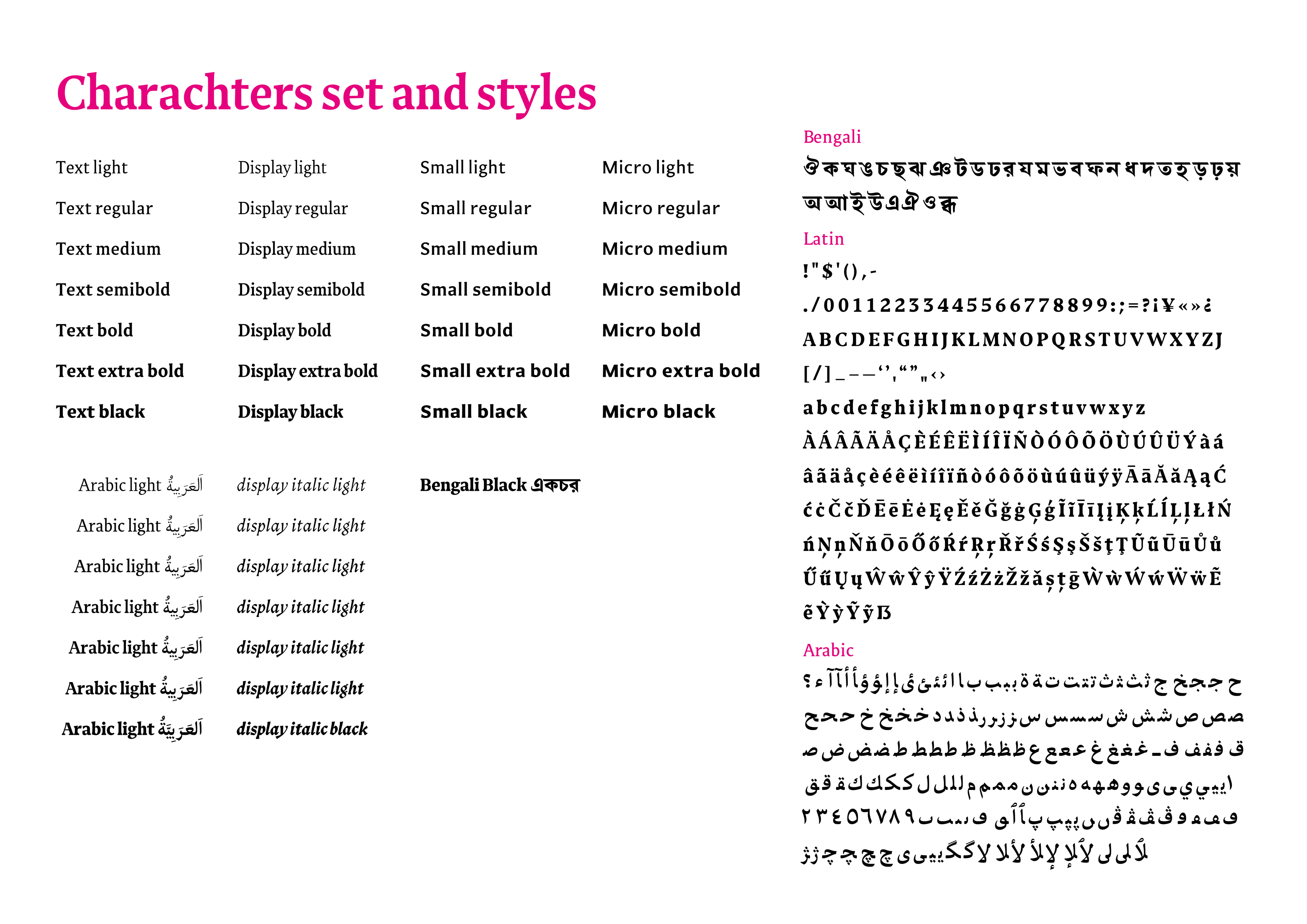 Image displaying the character set and styles of the Esja typeface, showing different languages, numerals, and symbols in various weights and italics.