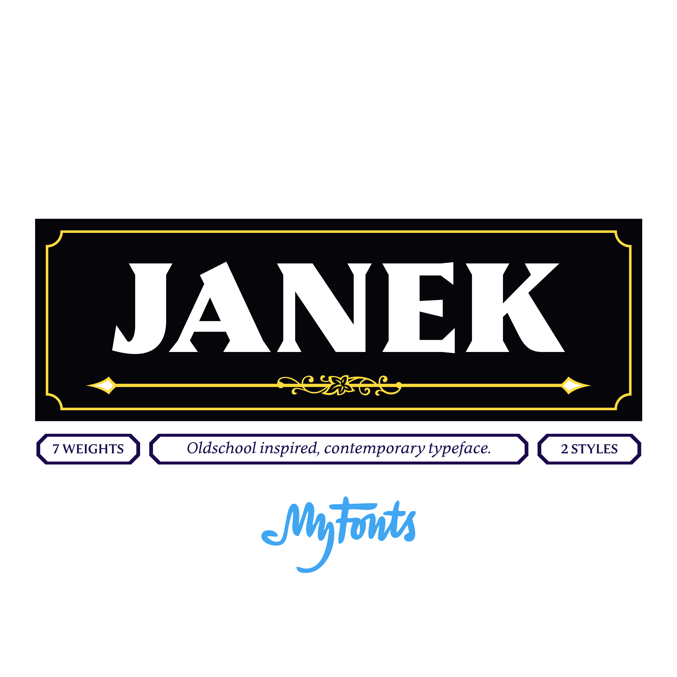Image of the Janek typeface family with the text 'Janek, 7 weights, 2 styles, Oldschool inspired, contemporary typeface, MyFonts' in a black and white label design.