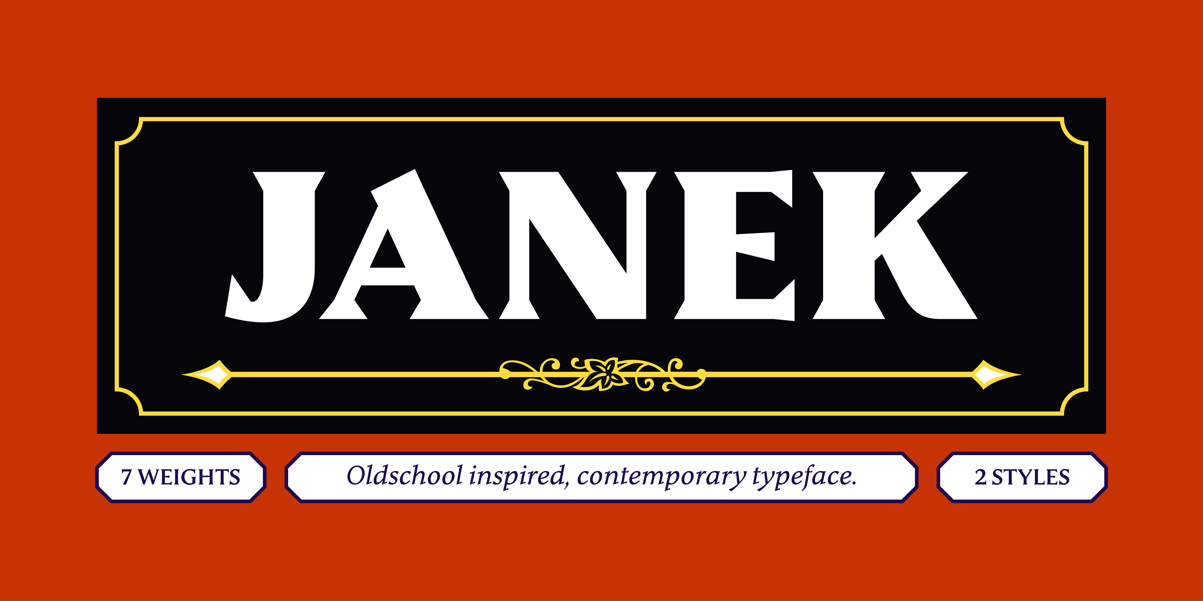 Banner displaying 'JANEK' in a classic black and white label design with decorative elements, with text '7 WEIGHTS, Oldschool inspired, contemporary typeface, 2 STYLES.'