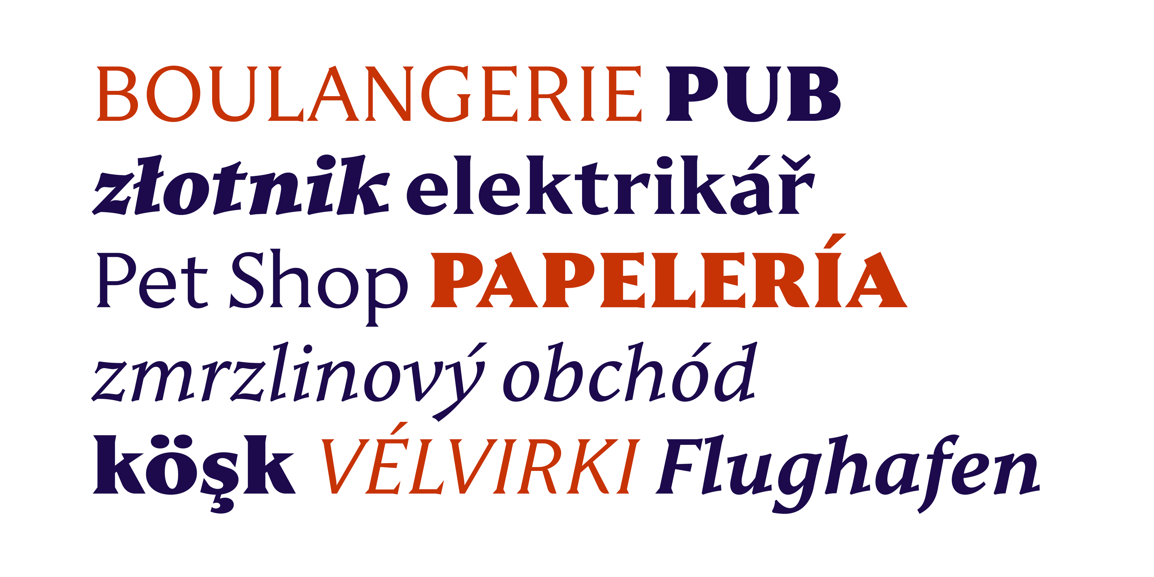 Various text samples showcasing the Janek typeface in different languages and contexts, including 'BOULANGERIE, PUB, złotnik, elektrikář, Pet Shop, PAPELERÍA, zmrzlinový obchod, köşk, VÉLVIRKI, Flughafen.'