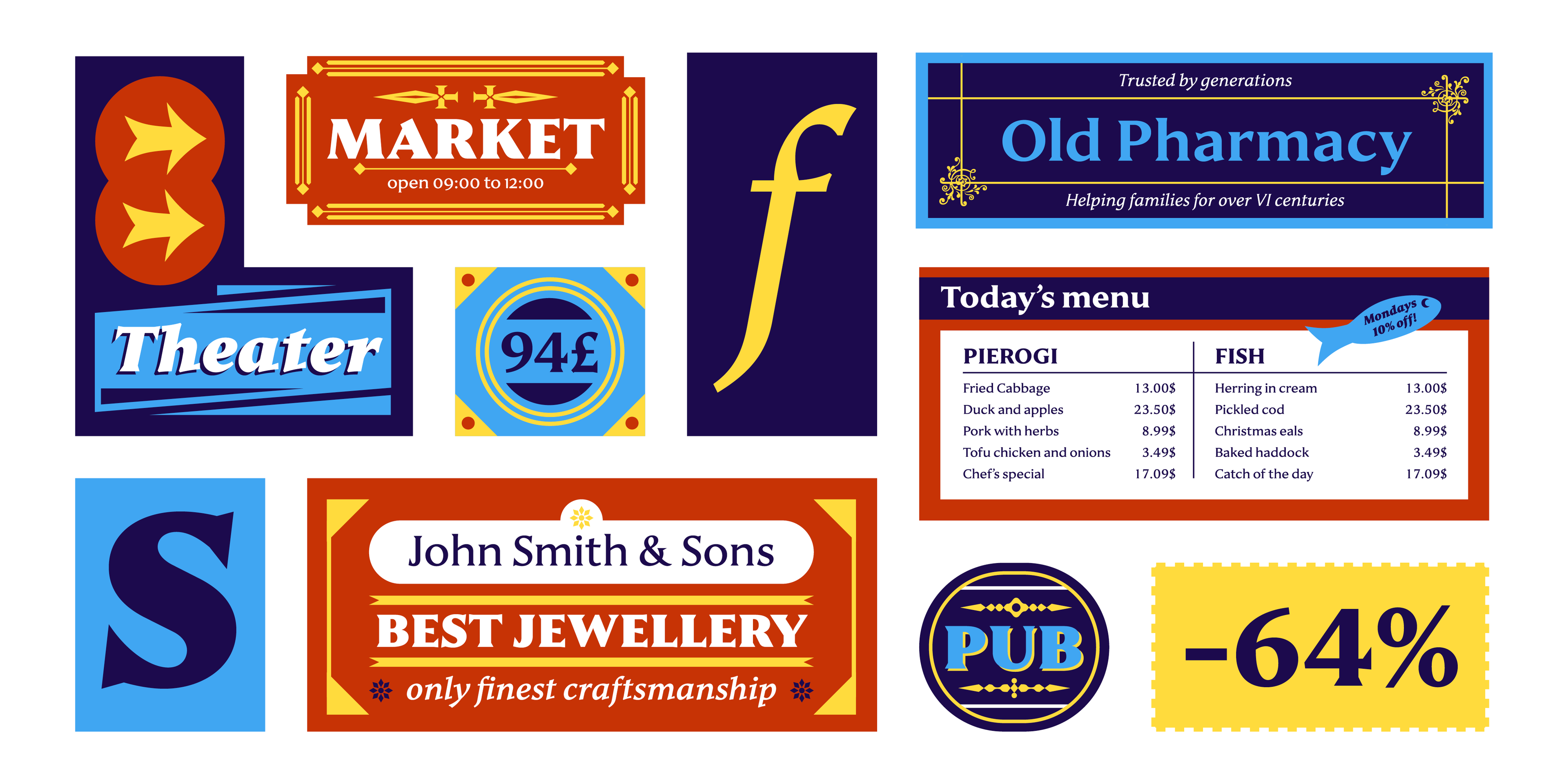 A collage of signage and branding examples using the Janek typeface, including 'MARKET, Old Pharmacy, Theater, BEST JEWELLERY, PUB, -64%,' and a menu.