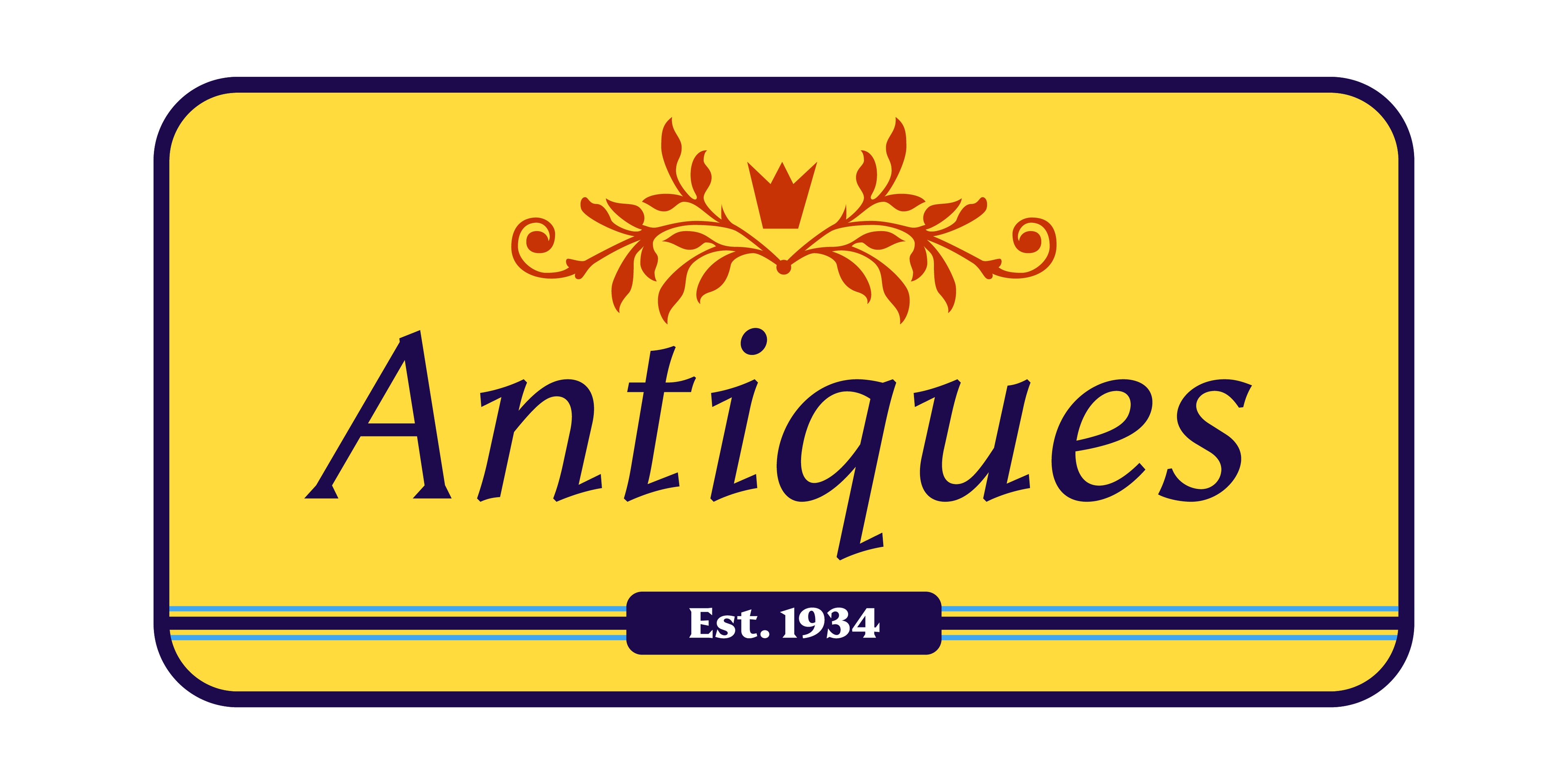 Image of a yellow sign with the text 'Antiques, Est. 1934' in the Janek typeface, showcasing the decorative and vintage style of the font.