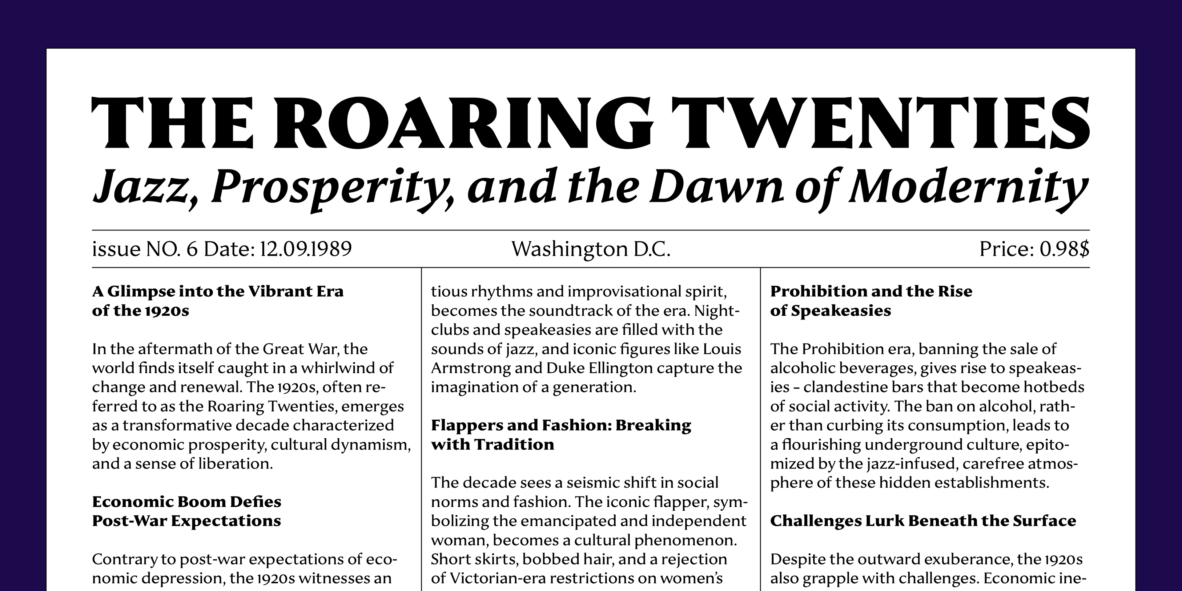 Text sample titled 'THE ROARING TWENTIES: Jazz, Prosperity, and the Dawn of Modernity' with a full paragraph of text and smaller decorative text beneath, showcasing the Janek typeface in a print layout.