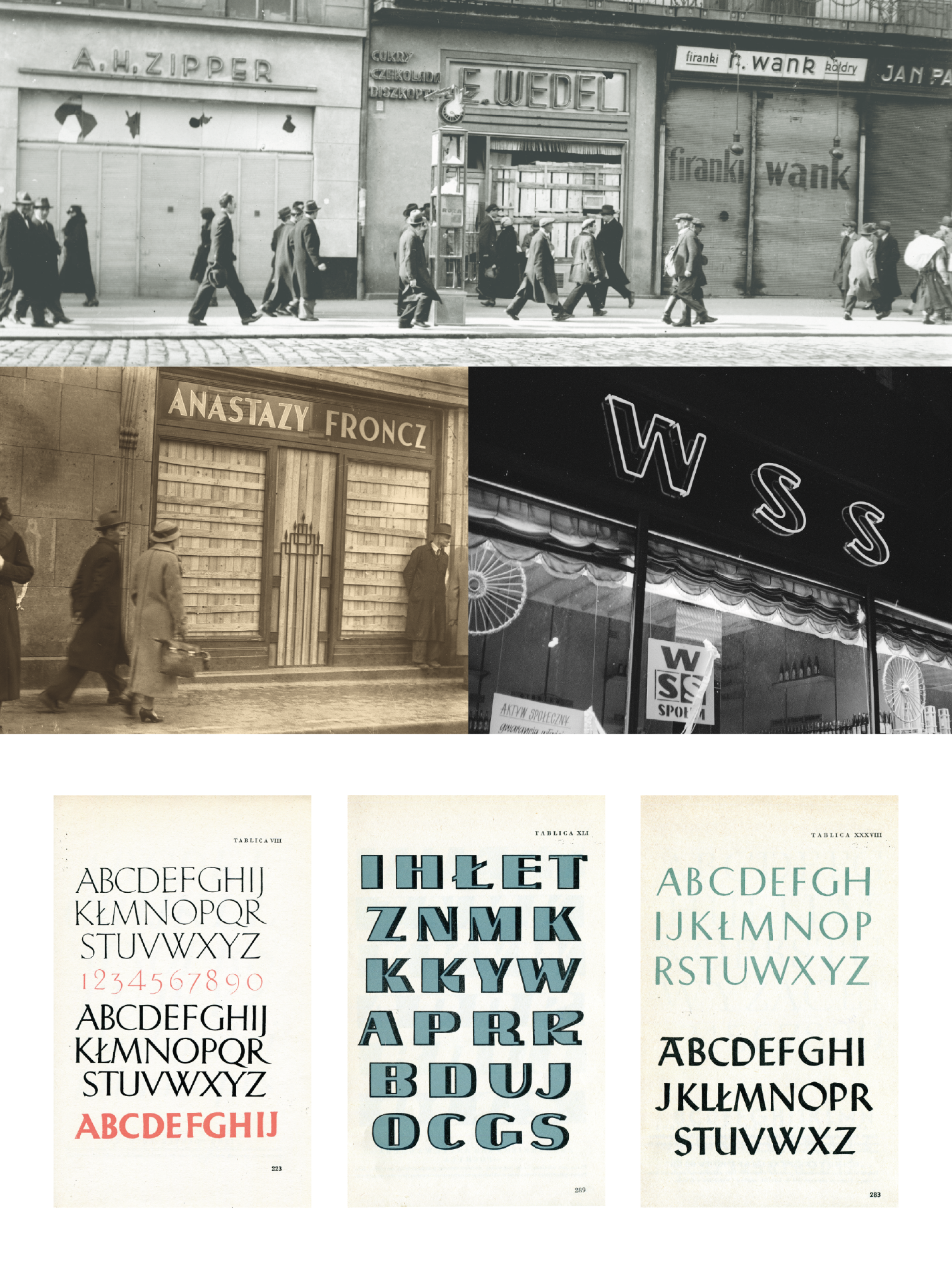 Three historical black and white photos showing people and storefronts, with signage using vintage typography reminiscent of the Janek typeface style.