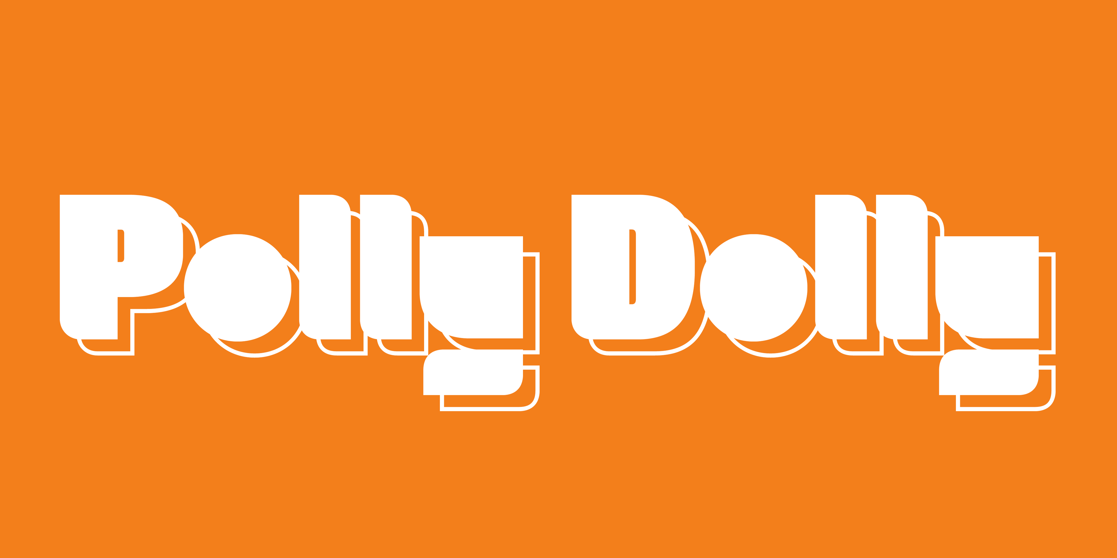 PollyDolly display font logo in bold geometric letters on an orange background.