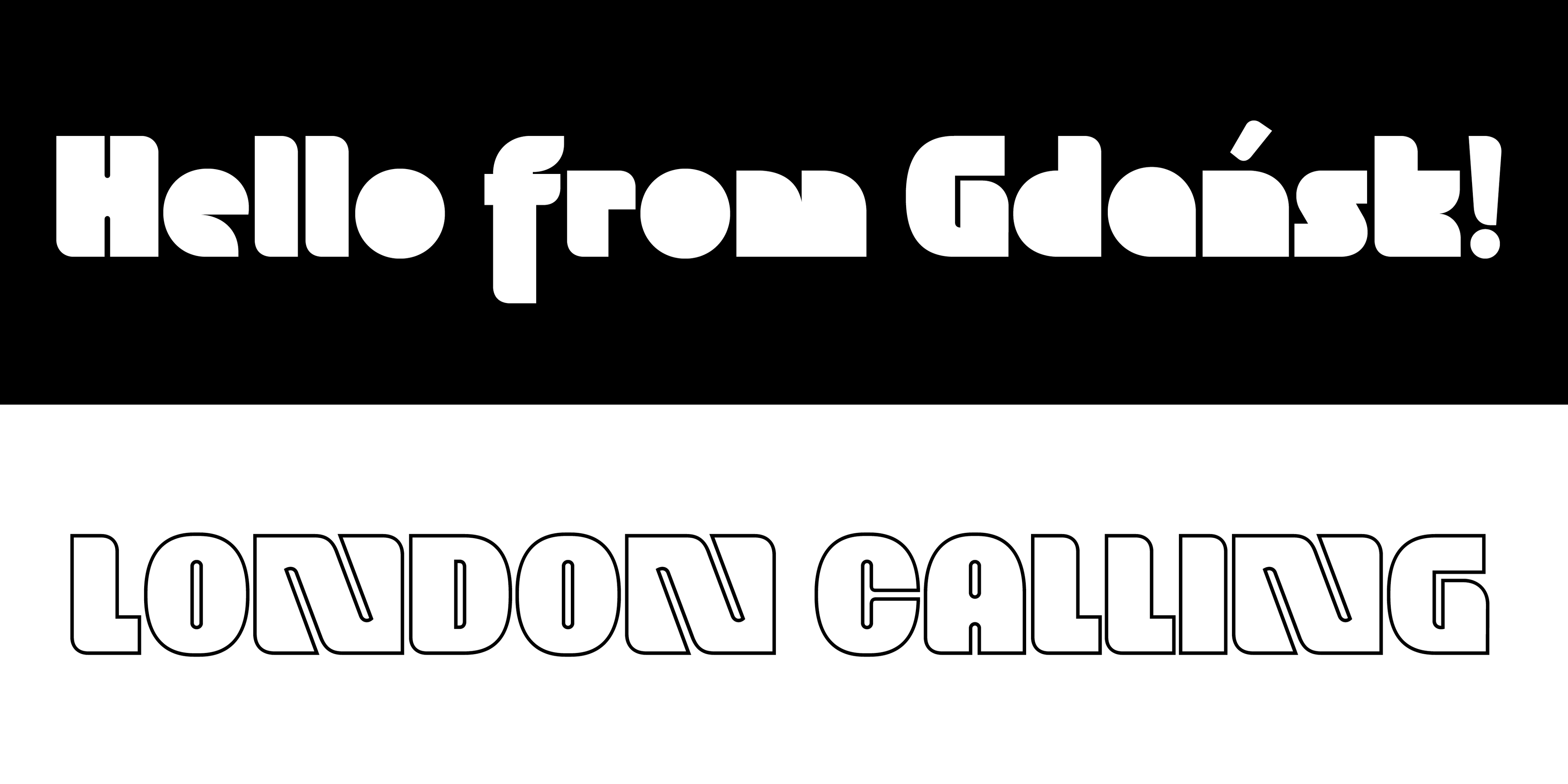Typography styles showcasing thick capitals and counterless lowercase letters in the PollyDolly font with sample text in different languages.
