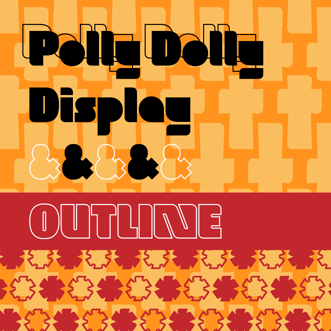 Image of Polly Dolly typeface with colorful background patterns and text 'Polly Dolly Display, Outline' in retro, bubbly font styles.