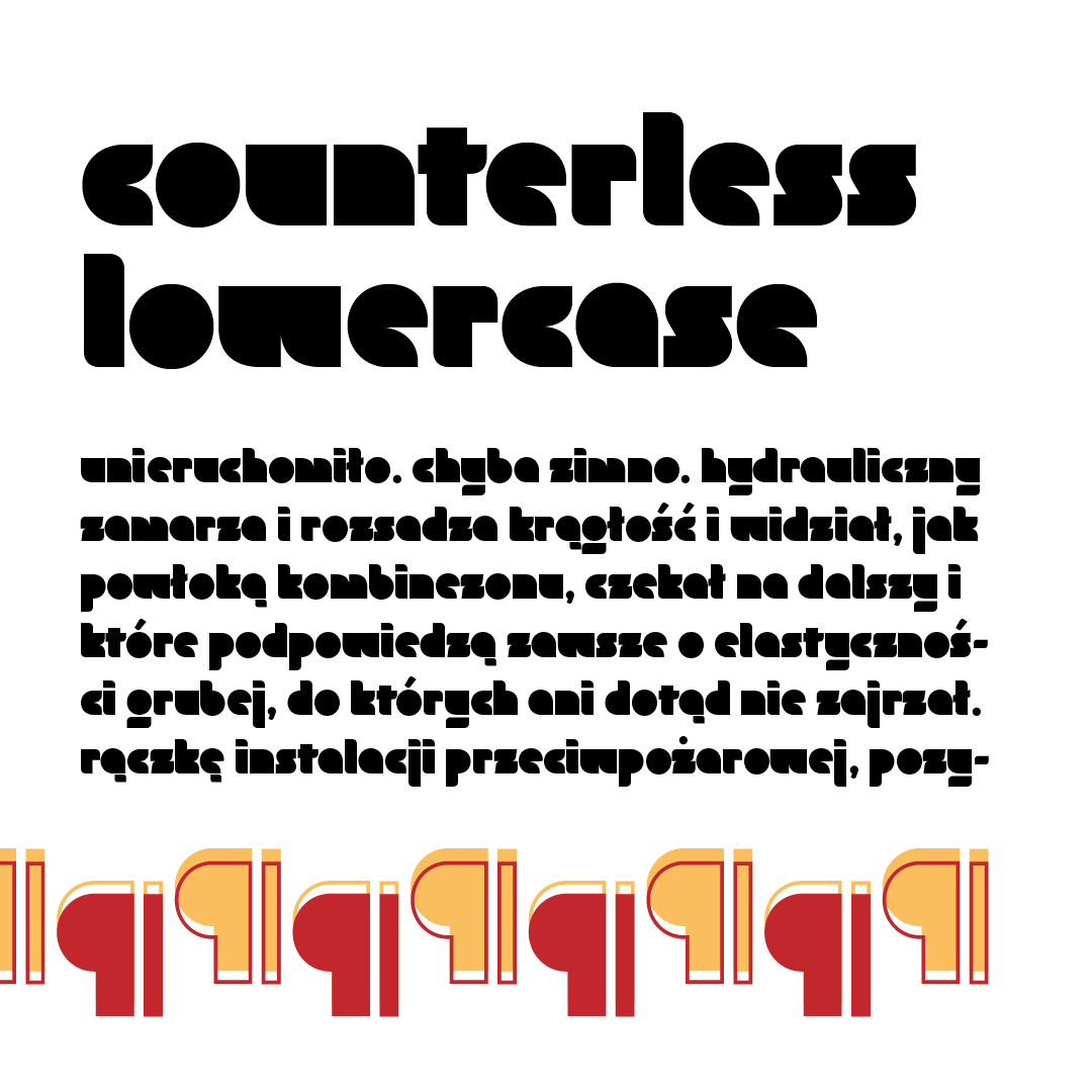 Typography styles showcasing thick capitals and counterless lowercase letters in the PollyDolly font with sample text in different languages.